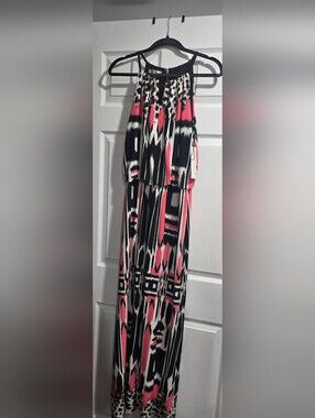 London Style Black, White and Pink Patterned Maxi Dress